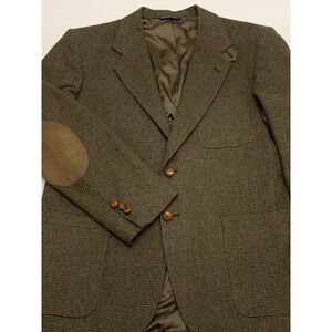 VTG 80s Stafford Greenish Brown Birdseye Wool Tweed Sport Coat Elbow Patches 40R